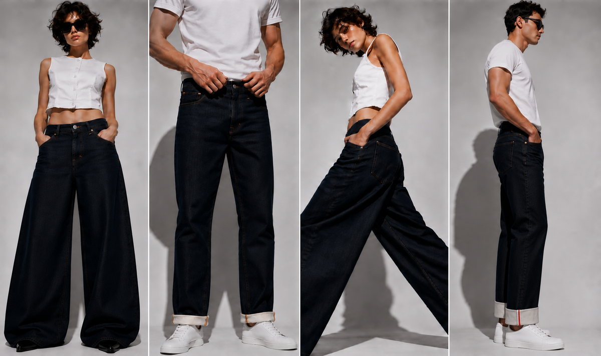 Vier Ansichten von Damen- und Herrenstyles aus dunklem Denim mit weißen Oberteilen.