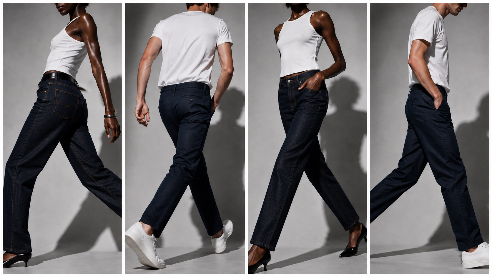 Frau und Mann präsentieren dunkle Five-Fellas-Jeans in vier dynamischen Studioansichten