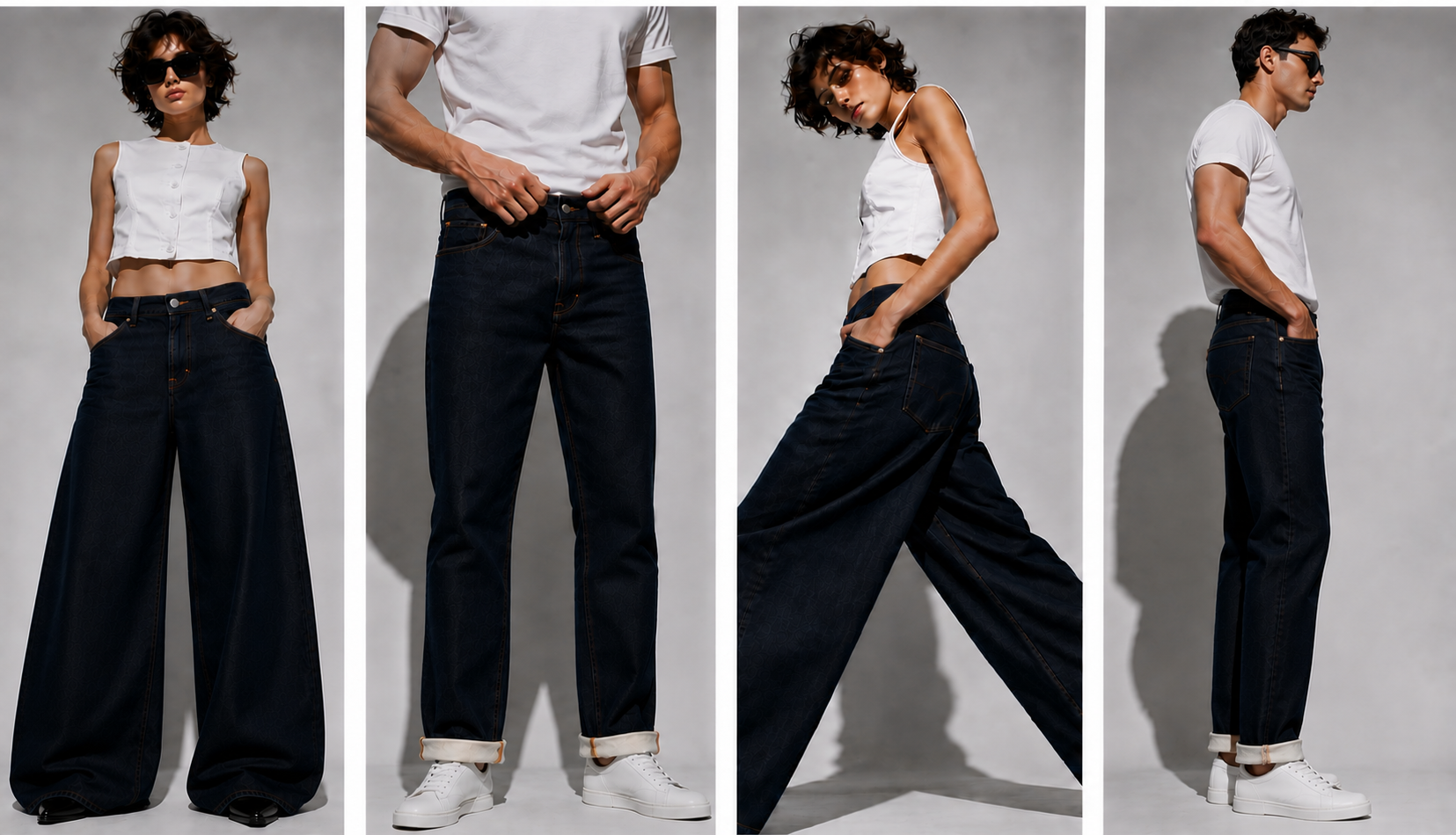 Vier Models präsentieren weit geschnittene Five-Fellas-Jeans in verschiedenen Ansichten