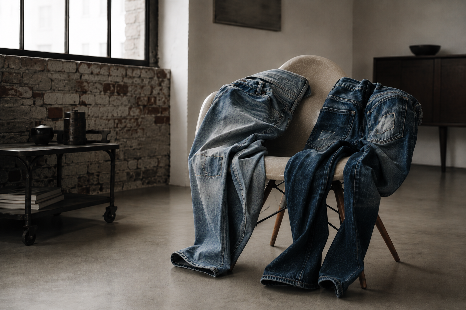 Zwei Five-Fellas-Jeans auf einem Stuhl als Symbol für Wiederverwendung