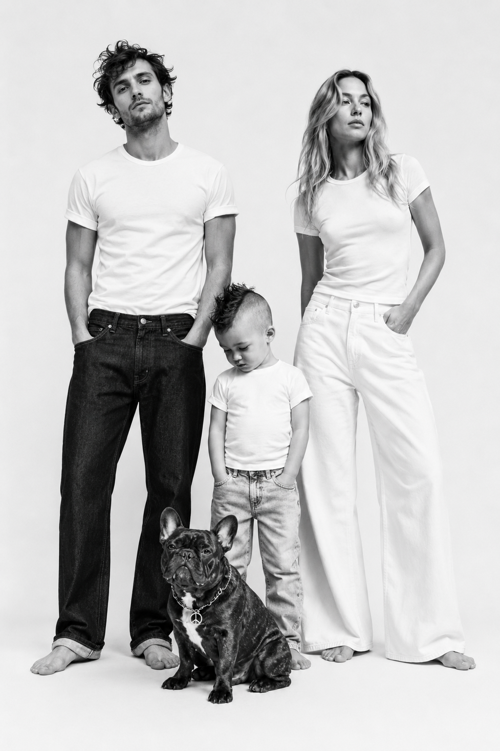 Familie mit Kind und Hund in Five-Fellas-Denim
