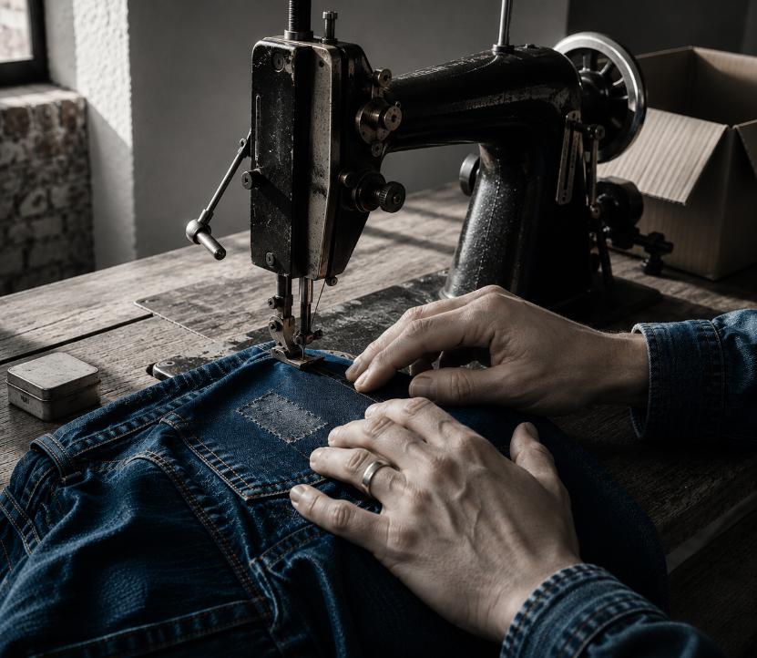 Jeansstoff wird an einer Nähmaschine verarbeitet