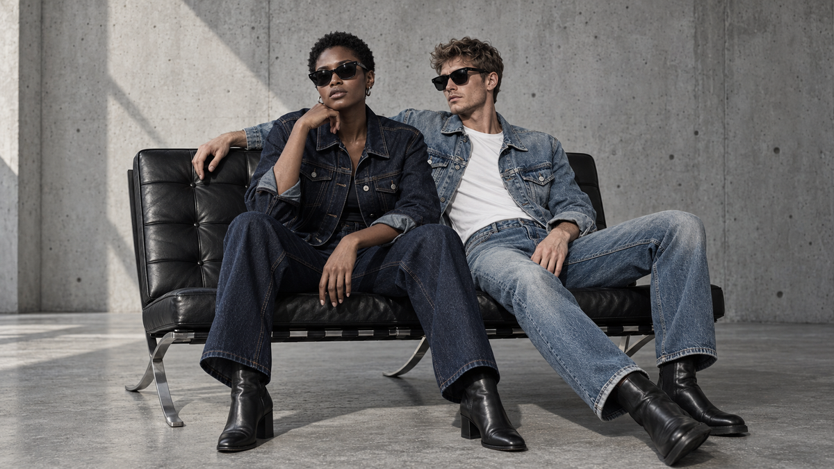 Zwei Models in dunkelblauer und hellblauer Denimkleidung auf einer schwarzen Lederbank vor einer Betonwand.