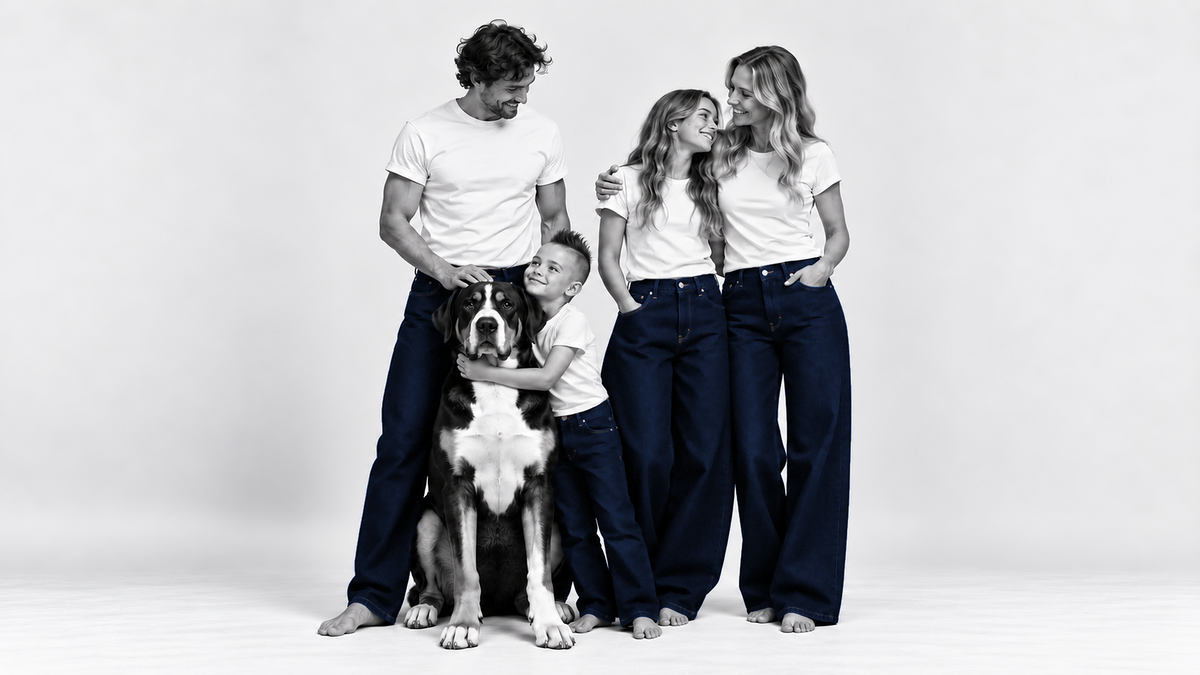 Familie mit Mutter, Vater, Tochter, Sohn und Hund in Five Fellas Jeans