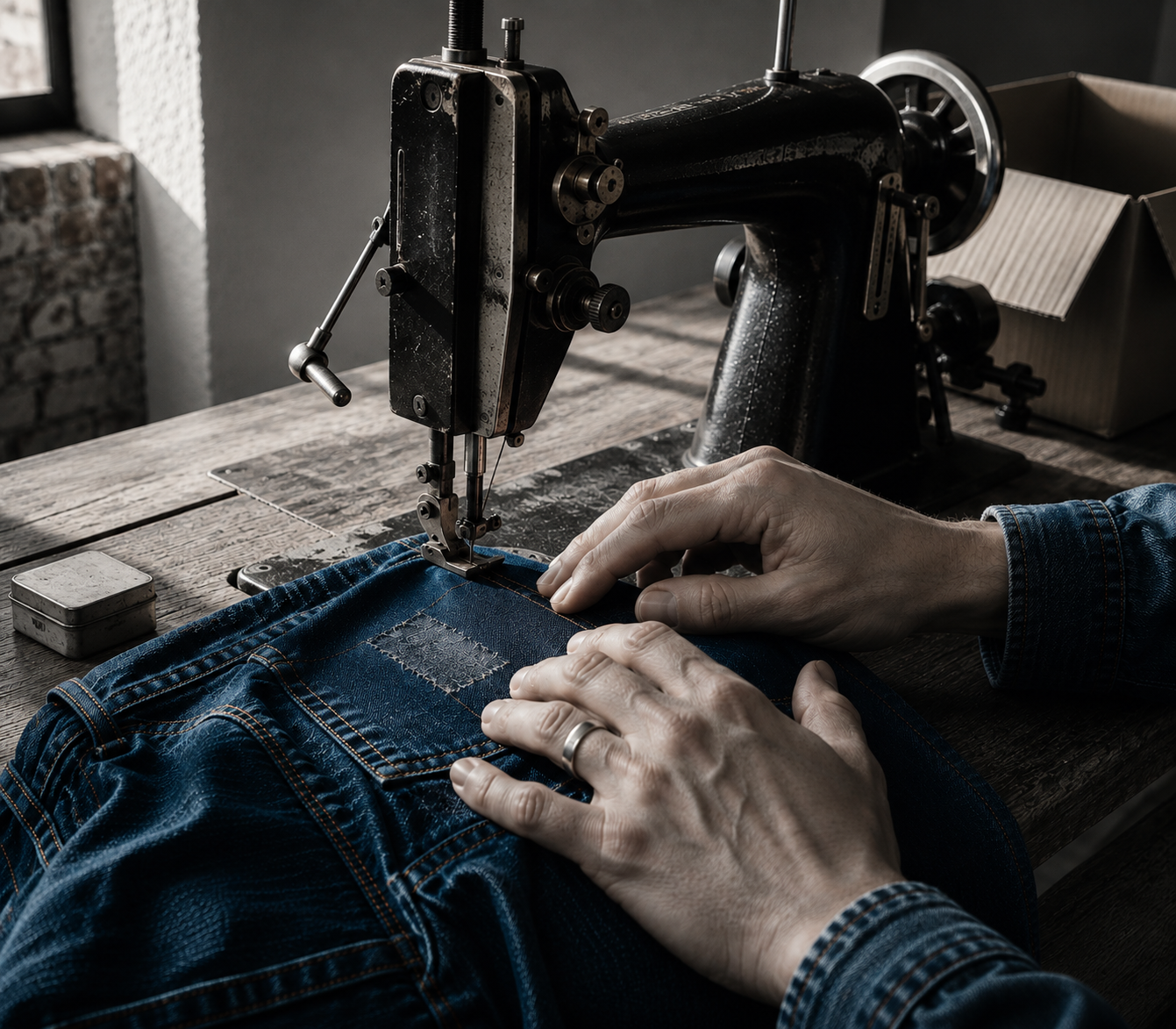 Hände nähen eine Five-Fellas-Jeans an einer alten Nähmaschine